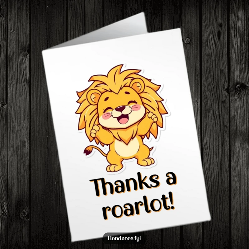 Funny Free Printable Thank You Card: Giggling character poses inside a lion, a unique way to say thanks.