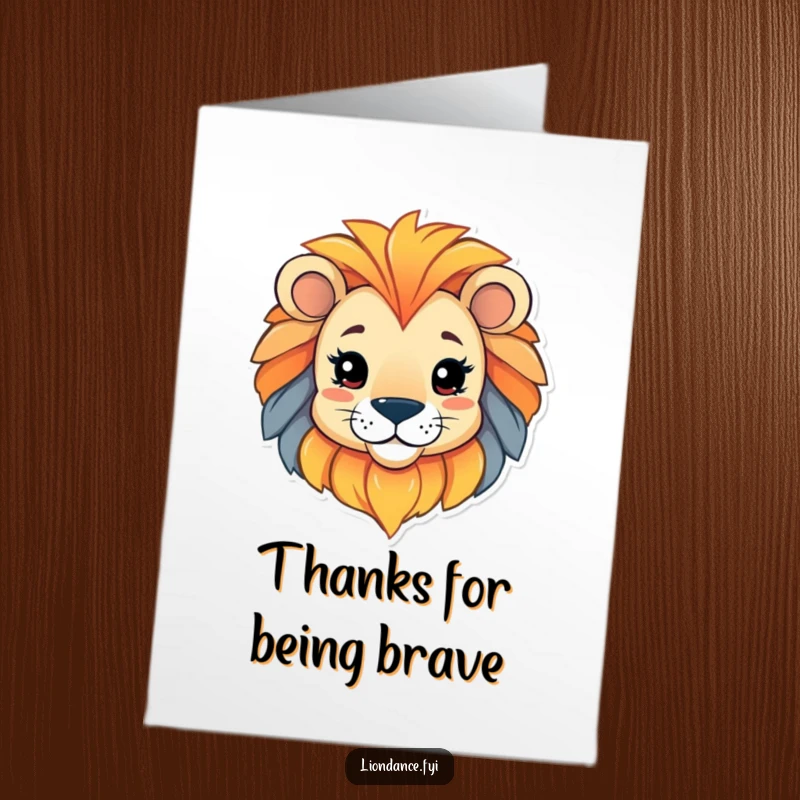 Funny Free Printable thank you card with a playful character peeking from a colorful lion head, a charming surprise.