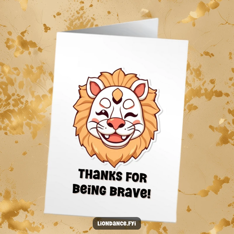 Funny Free Printable Thank You Card: Happy lion mask character winking with a big smile, expressing thanks.