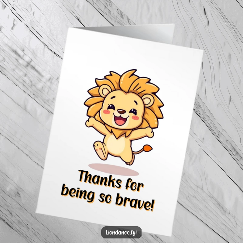 Funny Free Printable Thank You Card: A character in a powerful leap, with a majestic lion mane flowing.