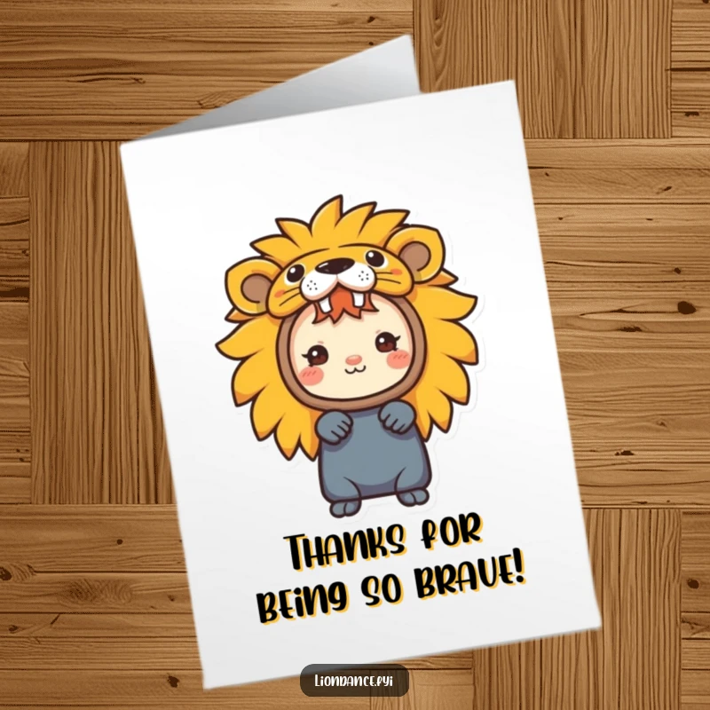 Funny Free Printable Thank You Card: A small character emerges from a colourful lion head costume, peeking out gratefully.