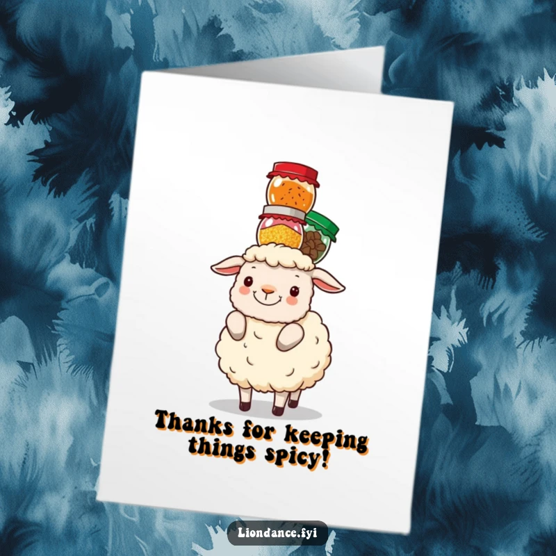 Funny Free Printable Thank You Card: Fluffy sheep balancing spice jars, showing appreciation and thanks.