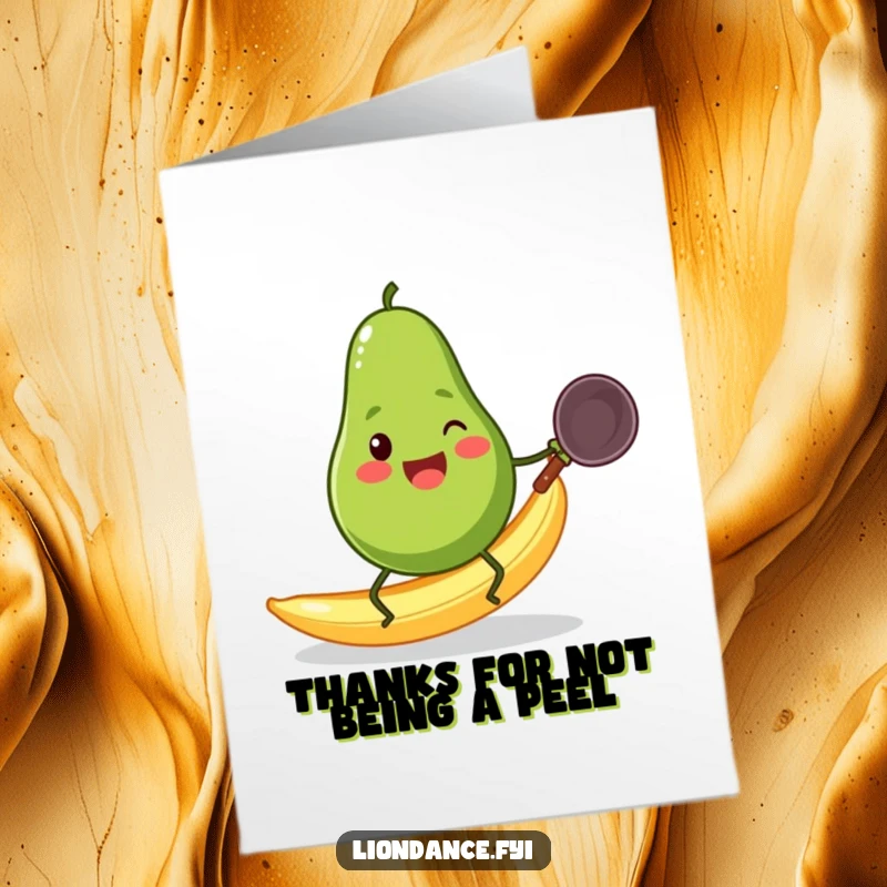 Funny Free Printable Thank You Card: Cheerful avocado slipping on a banana peel while holding a wok, saying thanks.