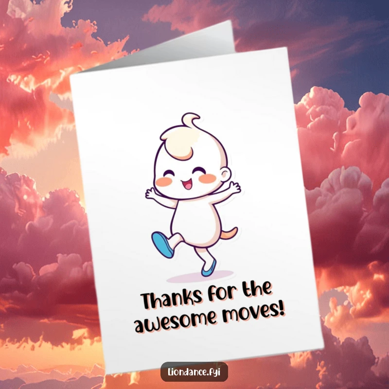 Funny Free Printable Thank You Card: Cheerful character tapping foot rhythmically, sending thanks through dance, downloadable humor.