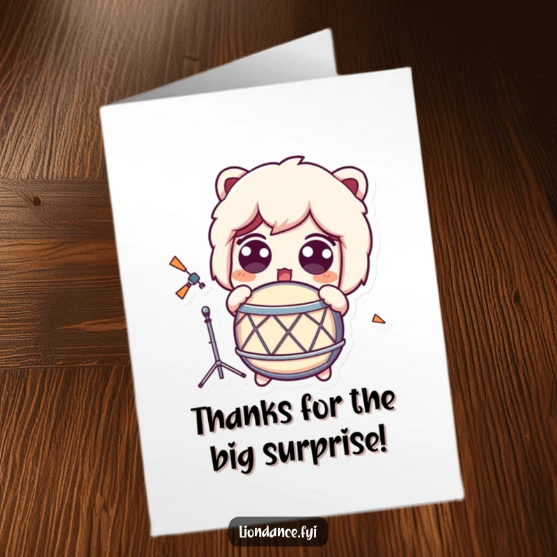 Funny free printable thank you card depicting a character with wide, surprised eyes reacting to a loud drum beat.