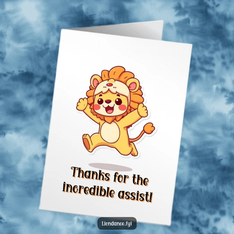 Funny Free Printable Thank You Card: A character in a vibrant lion costume executing a dynamic, thankful leap.