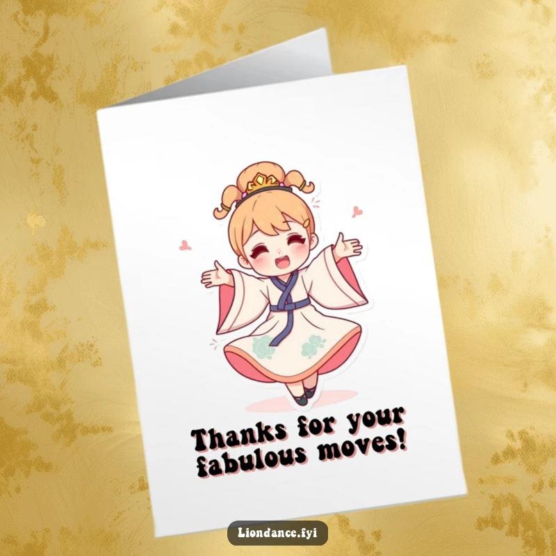 Funny Free Printable Thank You Card: Character in a flowing costume doing a happy, celebratory spin to say thanks.