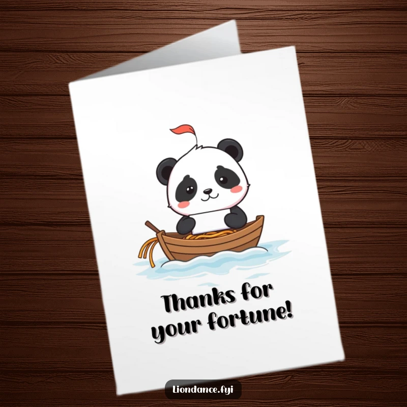 Funny Free Printable Thank You Card: Mischievous panda on a fortune cookie sailboat on a noodle ocean saying thanks.