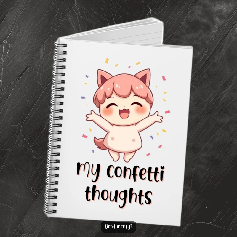 Funny confetti character notebook showing a delighted smiling figure scattering colorful confetti, ready to capture your creative ideas.
