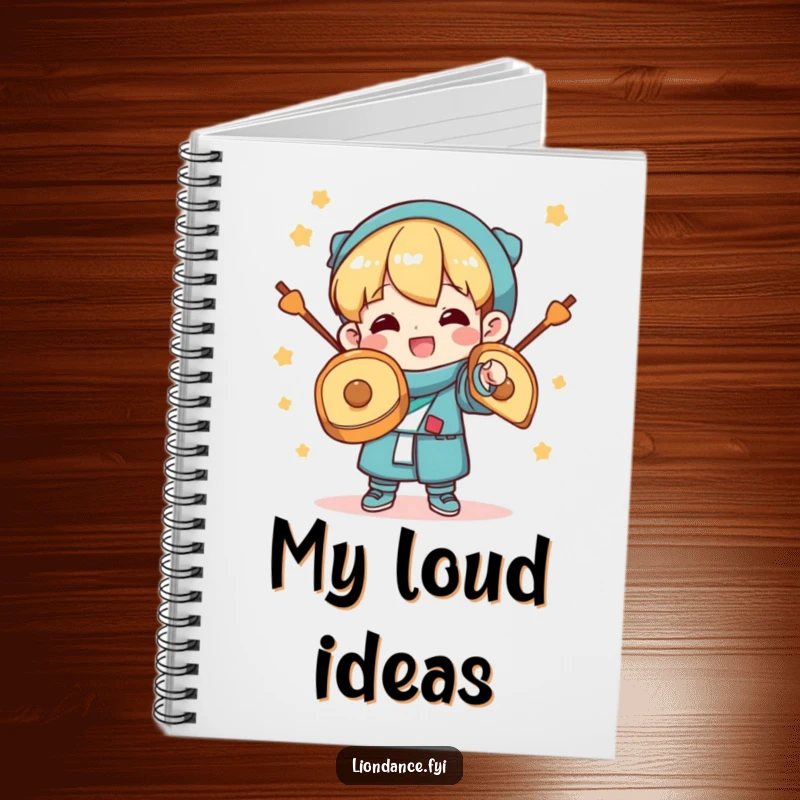 Funny Notebook: A character clashing cymbals with a wide smile, symbolizing creativity and joyful expression. Perfect for journaling or note-taking.