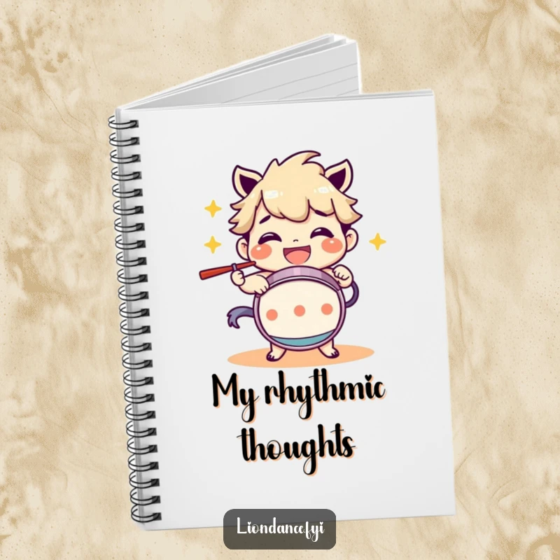 Funny Notebook: A character drumming with a wide smile, symbolizing creativity and rhythmic inspiration. Perfect for journaling or note-taking.