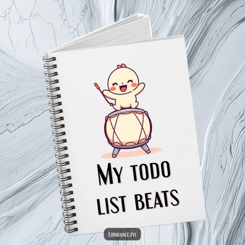 Funny notebook with a playful character balancing on a stylized drum, perfect for journaling and creative writing.