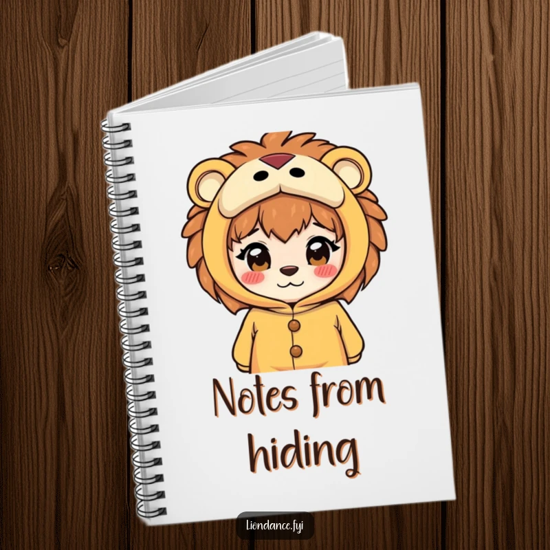 Funny notebook cover featuring a curious character peeking through the eyes of a lion costume, inspiring creative and humorous note-taking.
