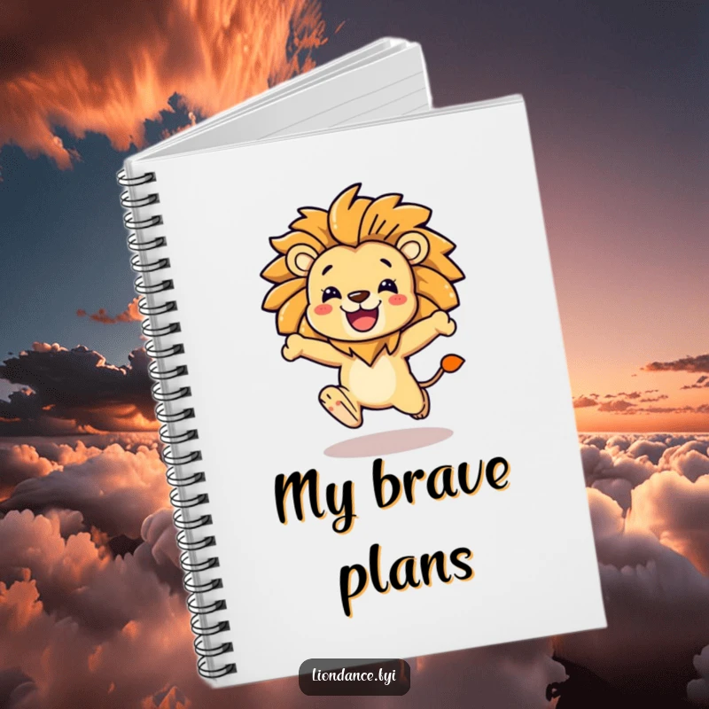 Funny character leaping with a stylized lion mane on a notebook cover, perfect for jotting down bold ideas.