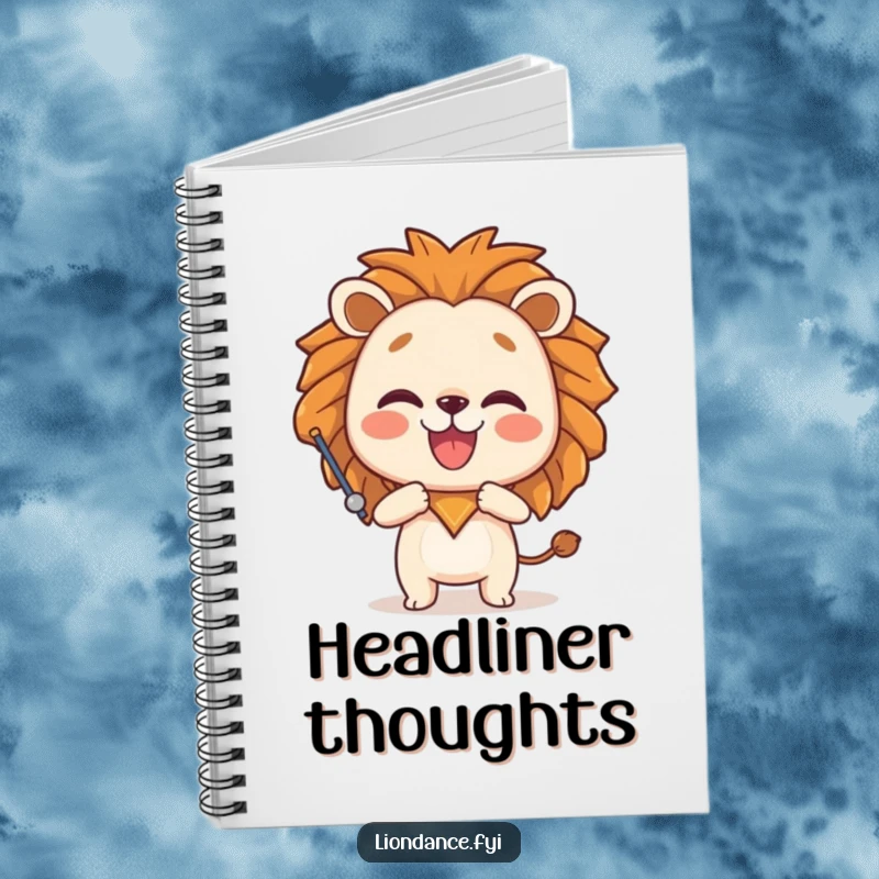Funny notebook cover featuring a joyful character striking a playful pose with a lion head prop, inspiring creative and humorous writing.