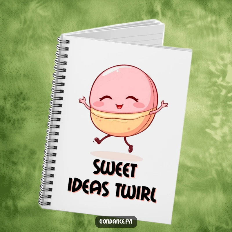 Funny notebook cover featuring a winking macaron with tiny legs, shakily doing a ballet pirouette, ideal for journaling humorously.