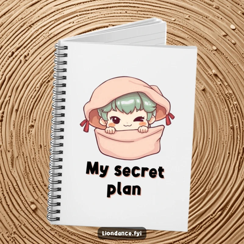 Funny Notebook with a mischievous character peeking from behind a silken banner, ready for notes.