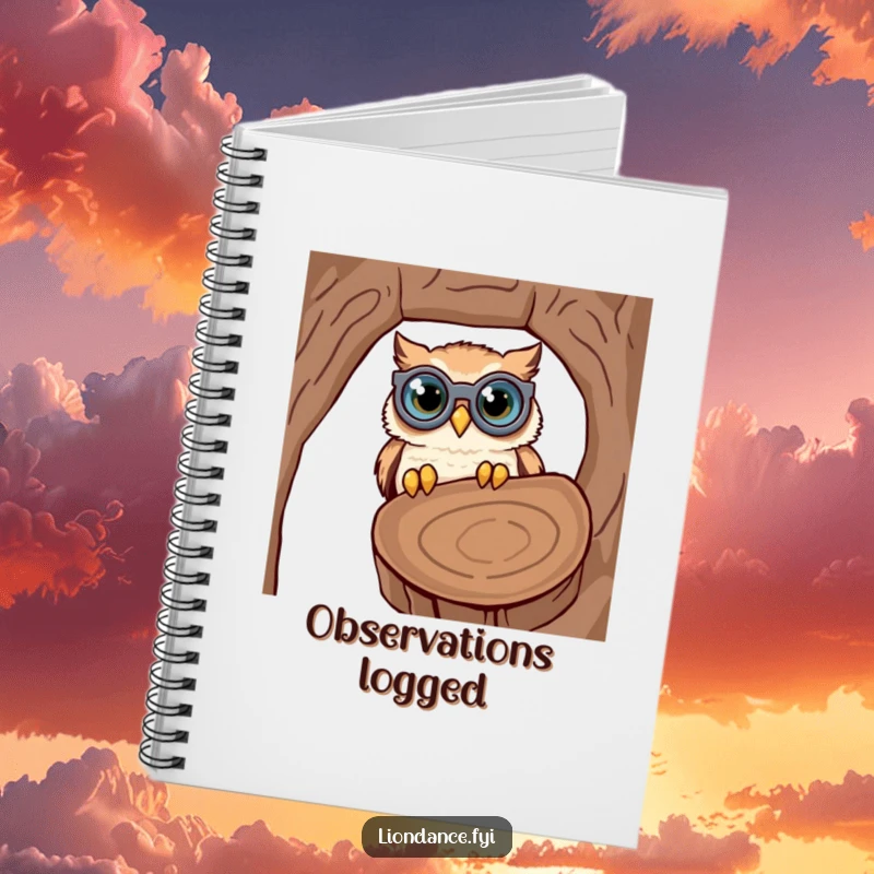 Funny notebook cover featuring a cute owl with oversized binoculars, comically peering into a log, ideal for journaling humorously.