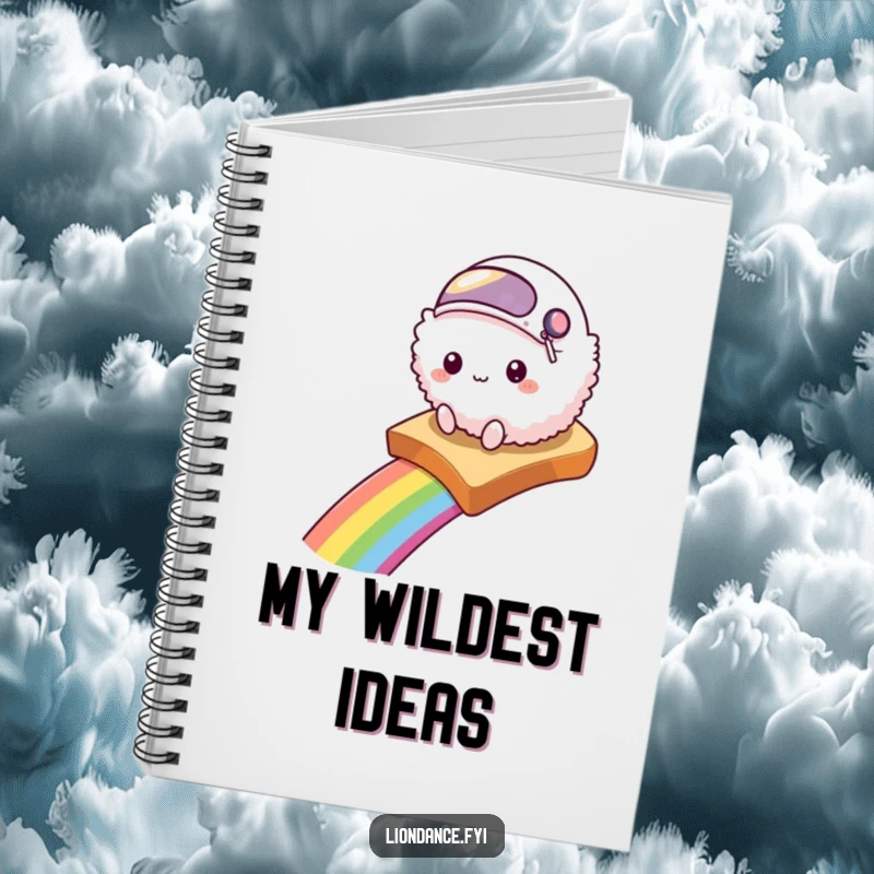 Funny notebook cover with a fluffy creature in a helmet on a rainbow toast slide, inspiring whimsical thoughts.