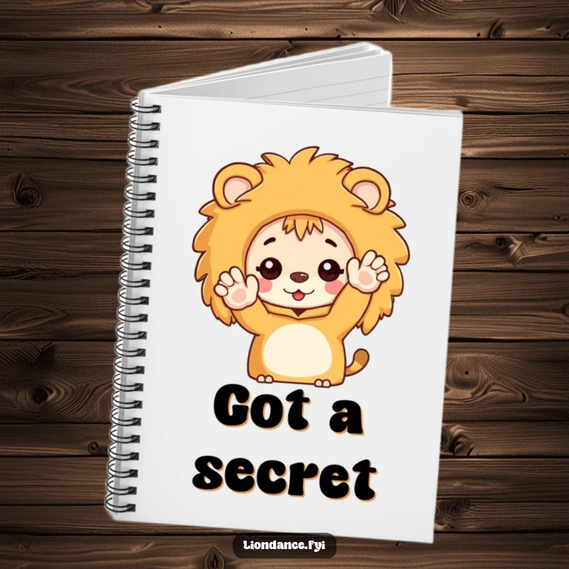 Funny notebook depicting a character peeking from a lion costume and waving enthusiastically, inspiring bright ideas.