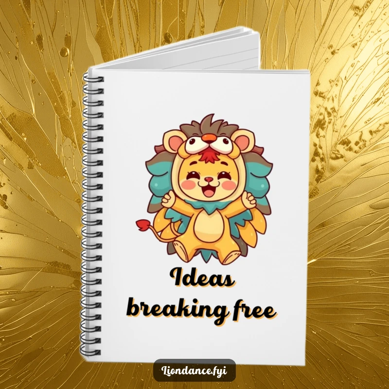 Funny notebook with a character joyfully leaping from a colorful lion costume, perfect for capturing thoughts humorously.