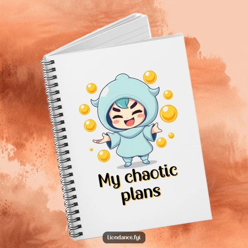 Funny notebook showcasing a mischievous character juggling golden orbs, perfect for notes and brainstorming. Ideal funny gift.