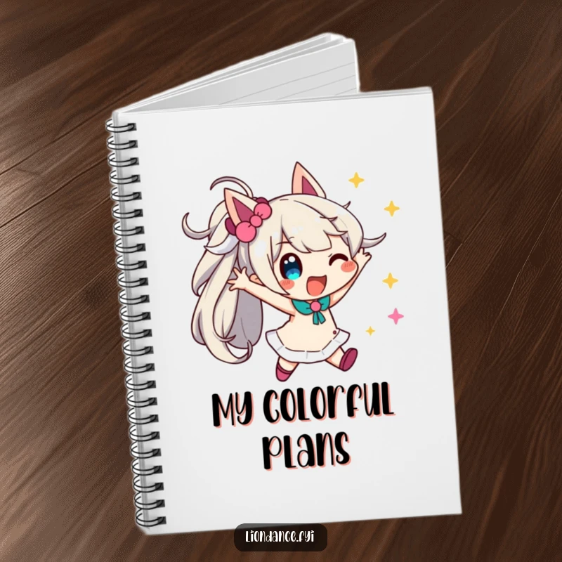 Funny streamer doodle notebook featuring a playful character in a dynamic pose with streamers, great for notes.