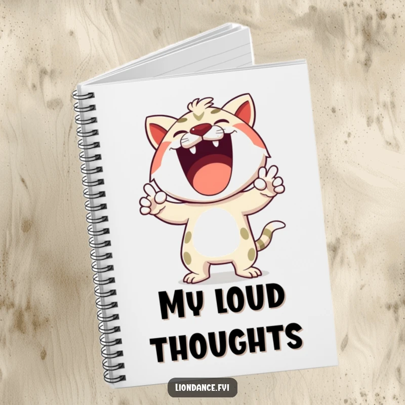 Funny notebook with a happy cartoon character making exaggerated roaring gestures, ideal for jotting down loud and proud ideas.