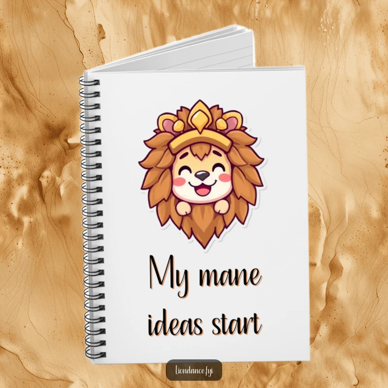 Funny lion headdress notebook with a happy character peeking out from the mane, sporting a mischievous grin, ready for your notes.