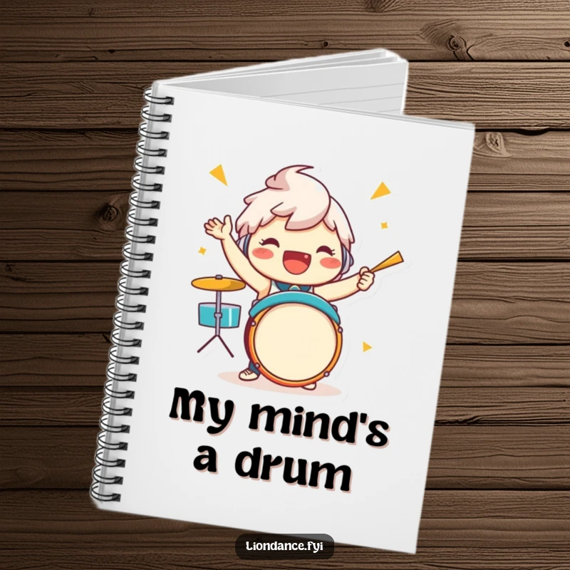Funny drummer character notebook showing a jubilant figure enthusiastically playing drums, ready to capture your notes with rhythmic energy.