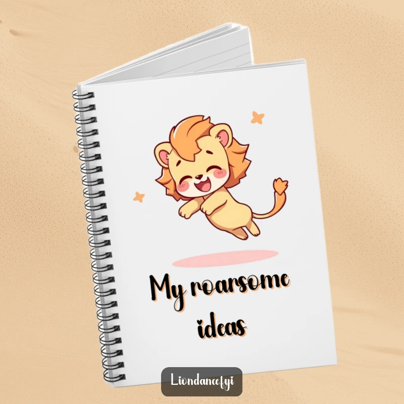 Funny notebook cover with a delighted character tumbling with a flowing lion's tail, inspiring creative thoughts and joyful note-taking.