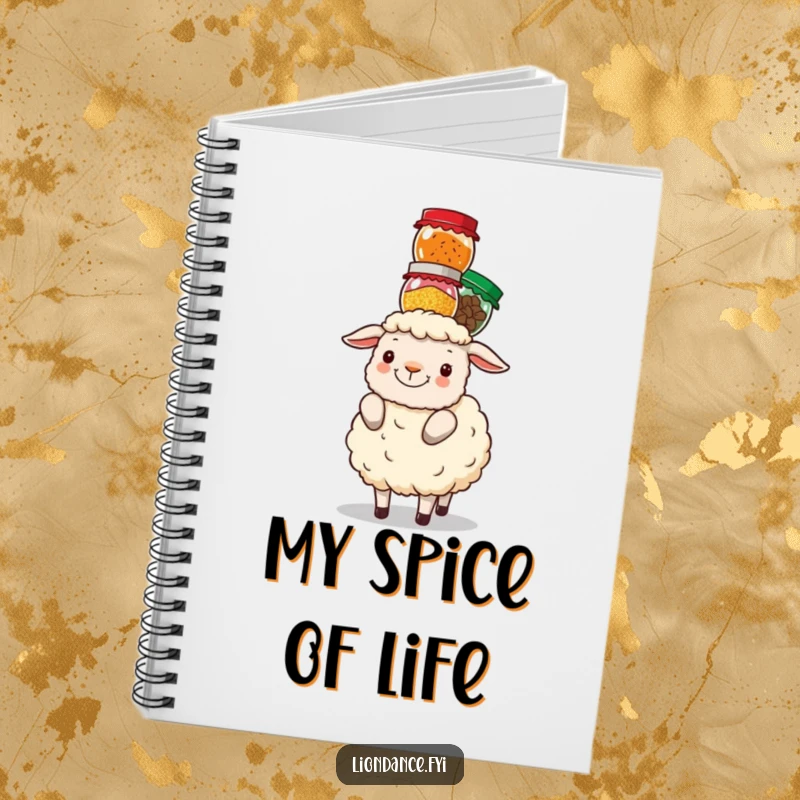 Funny sheep balancing a pile of colorful spice jars on its head, featured on the cover of a notebook.