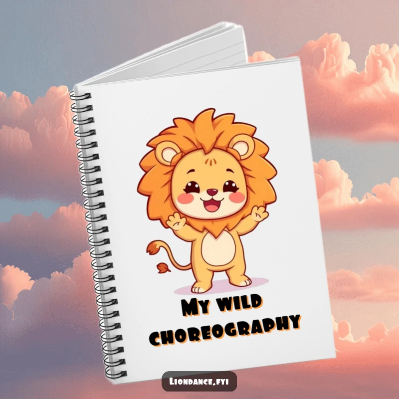 Funny notebook with a character dressed as a lion doing a silly, energetic dance, inspiring creative writing.