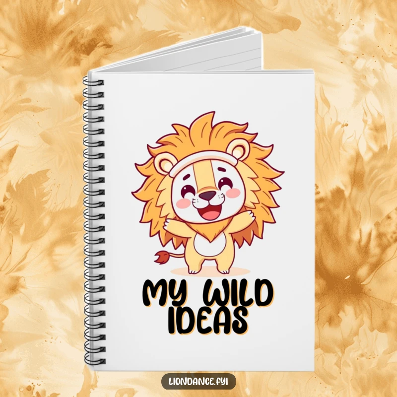 Funny notebook with a playful character in a large lion costume head doing a happy spin, perfect for capturing thoughts humorously.