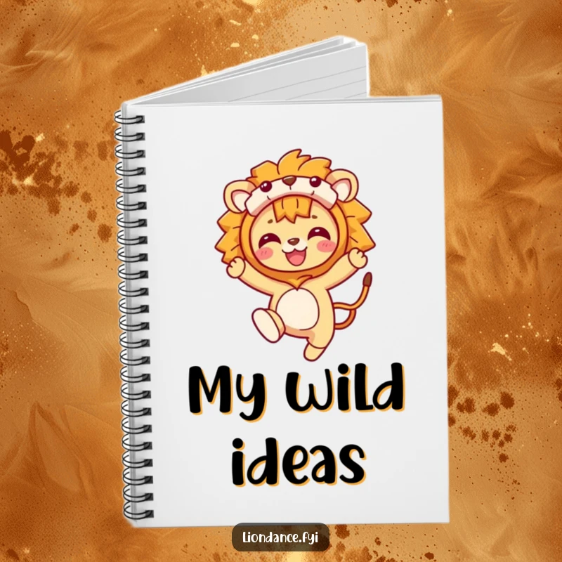 Funny Notebook: A character leaping spiritedly in a lion costume, symbolizing creativity and wild imagination. Perfect for journaling or note-taking.