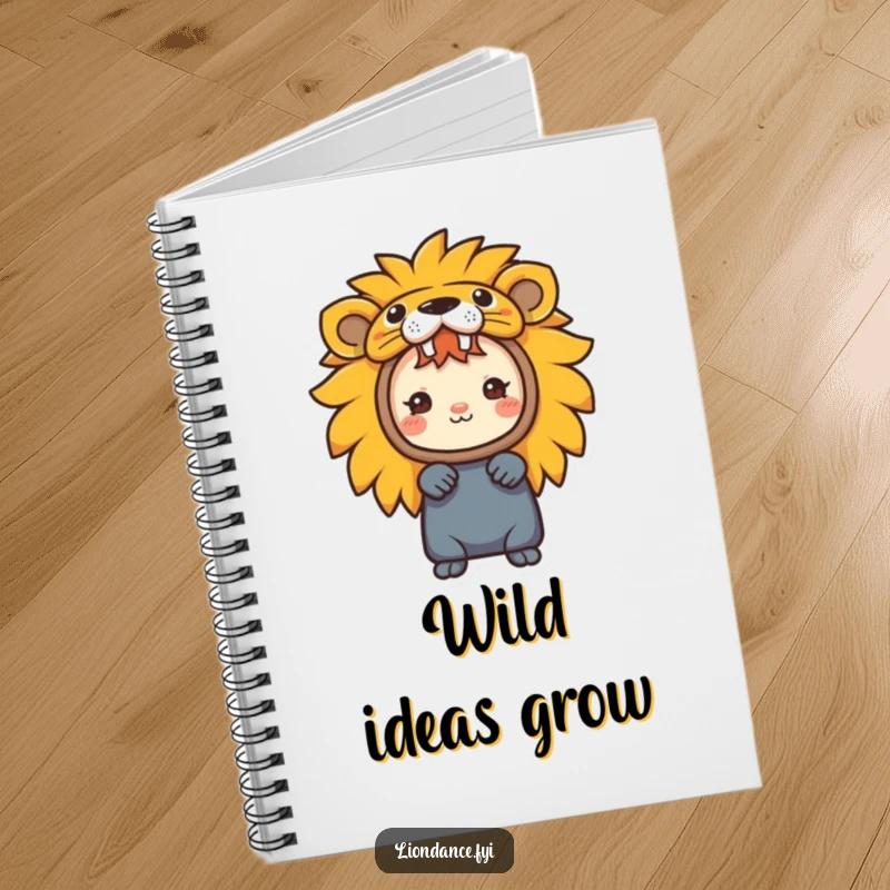 Funny notebook cover featuring a character peeking from a colorful lion head costume, a fun and imaginative journal.