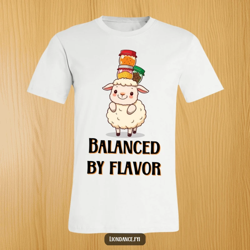 Funny fluffy sheep is expertly balancing an unstable tower of colorful spice jars on its head, on a t-shirt.