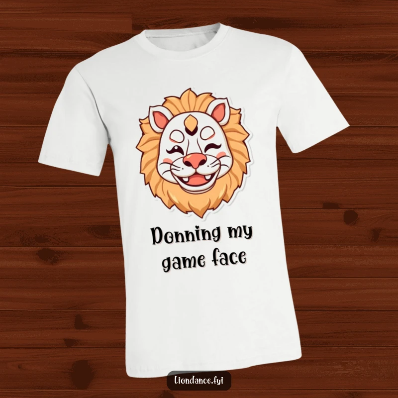 Funny T-shirt depicting a cheerful lion mask character winking with a wide smile, perfect for animal lovers and jokers.