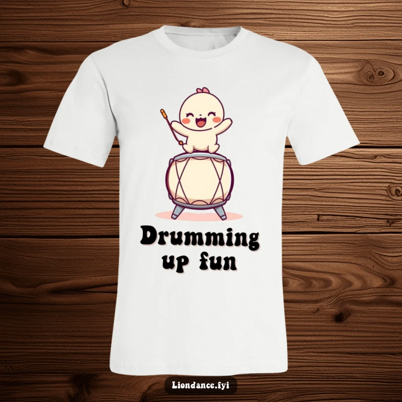 Funny t-shirt of a playful character balancing on a stylized drum, perfect for music enthusiasts and humorous casual wear.