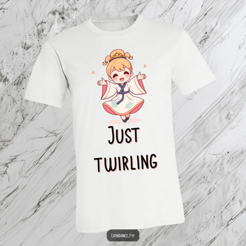 Funny celebration spin t-shirt featuring a happy character in a flowing costume mid-spin, conveying pure, unadulterated joy.