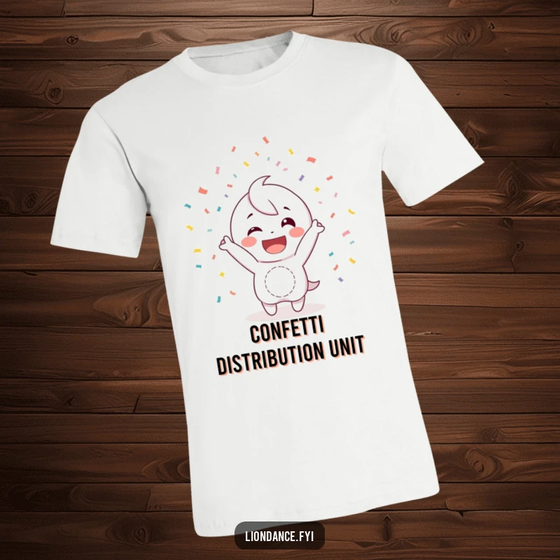 Funny t-shirt featuring a happy character with a wide smile, joyfully tossing confetti, symbolizing pure delight and celebration.