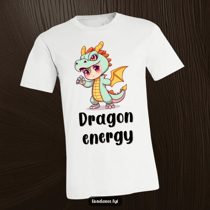 Funny t-shirt with a character in a fiery dragon outfit striking a dynamic pose, symbolizing confidence and humor.