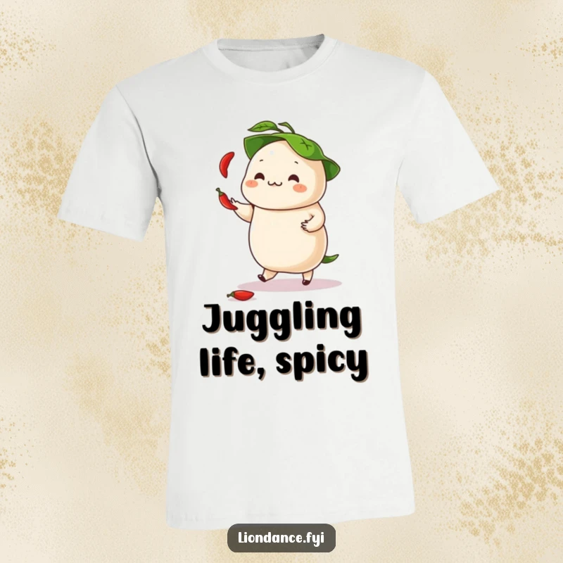 Funny t-shirt illustrating a dancing dumpling energetically juggling chili peppers, topped with a leafy hat.