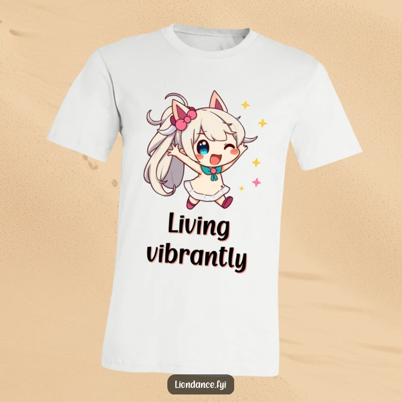 Funny dynamic pose t-shirt capturing a playful character amidst swirling streamers, conveying energy and celebration.