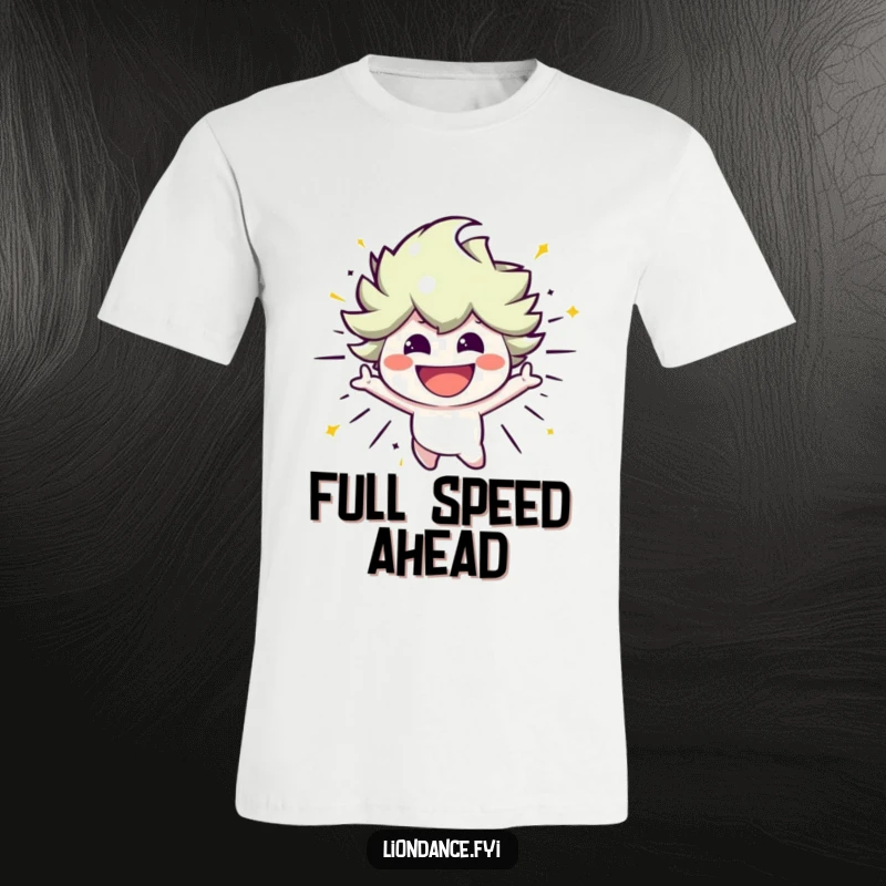 Funny t-shirt featuring a smiling character bursting with energetic movement, perfect for active individuals and humorous casual wear.