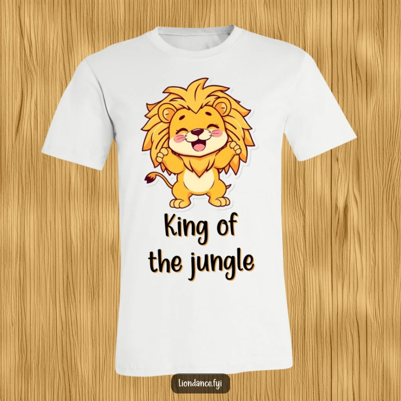 Funny t-shirt featuring a joyful cartoon character striking a confident pose inside a fierce lion's head, radiating playful energy.