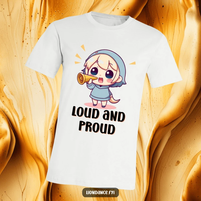 Funny t-shirt featuring a character gleefully blowing a horn, symbolizing celebration and good times.