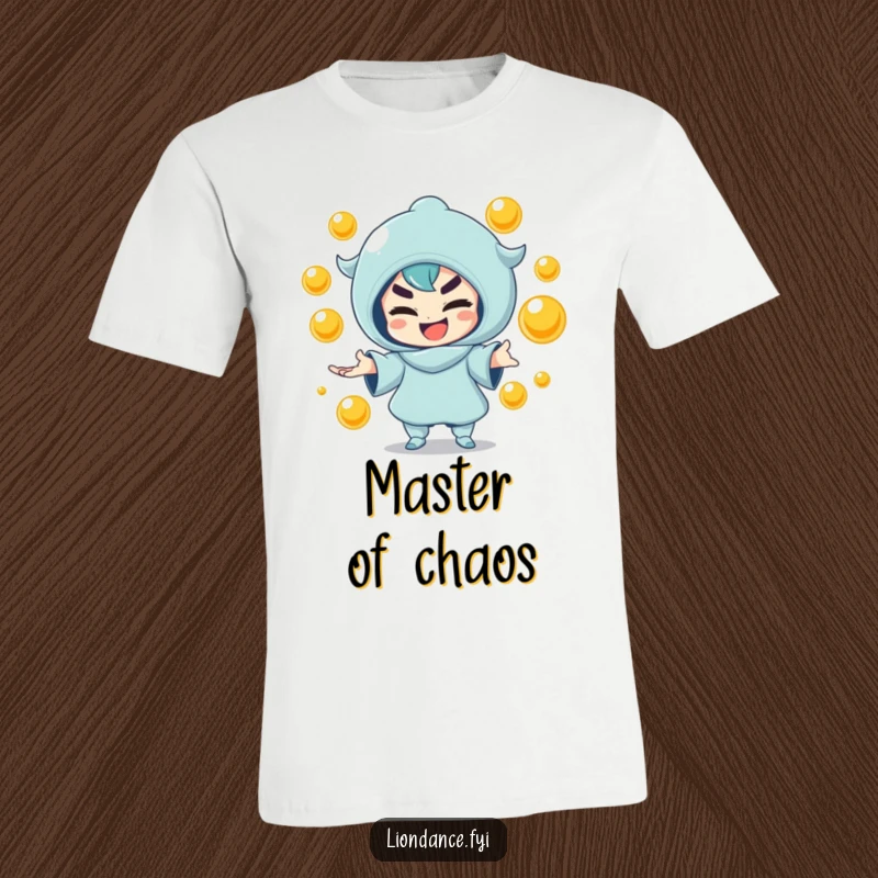Funny t-shirt of a character with a mischievous smile, skillfully juggling shiny golden orbs. Perfect funny gift.