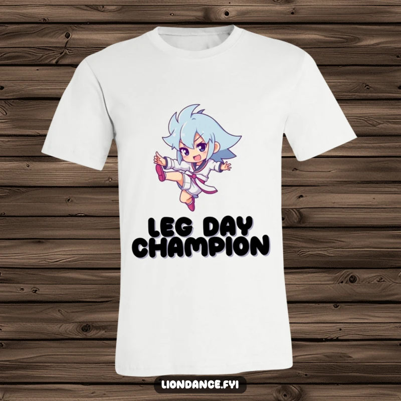 Funny t-shirt with a character performing a dynamic kick, symbolizing strength and playful athleticism.