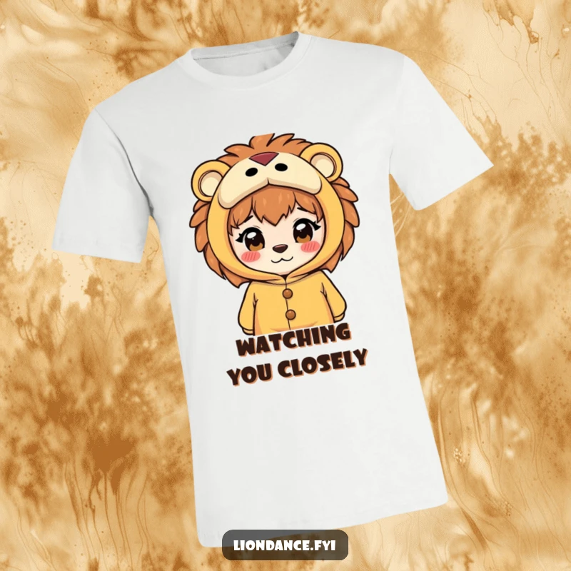 Funny t-shirt with a curious character peeking through the eyes of a lion costume, hinting at playful secrets and intriguing personality.